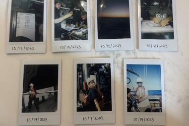 A series of polaroid pictures. Pictured left to right: a whiteboard with station numbers written on it, two volunteers counting fish species, the sunrise on the back of the research vessel, a volunteer taking the length measurement of a fish, a volunteer using a boat hook to pull up a line, and two volunteers in personal protective equipment